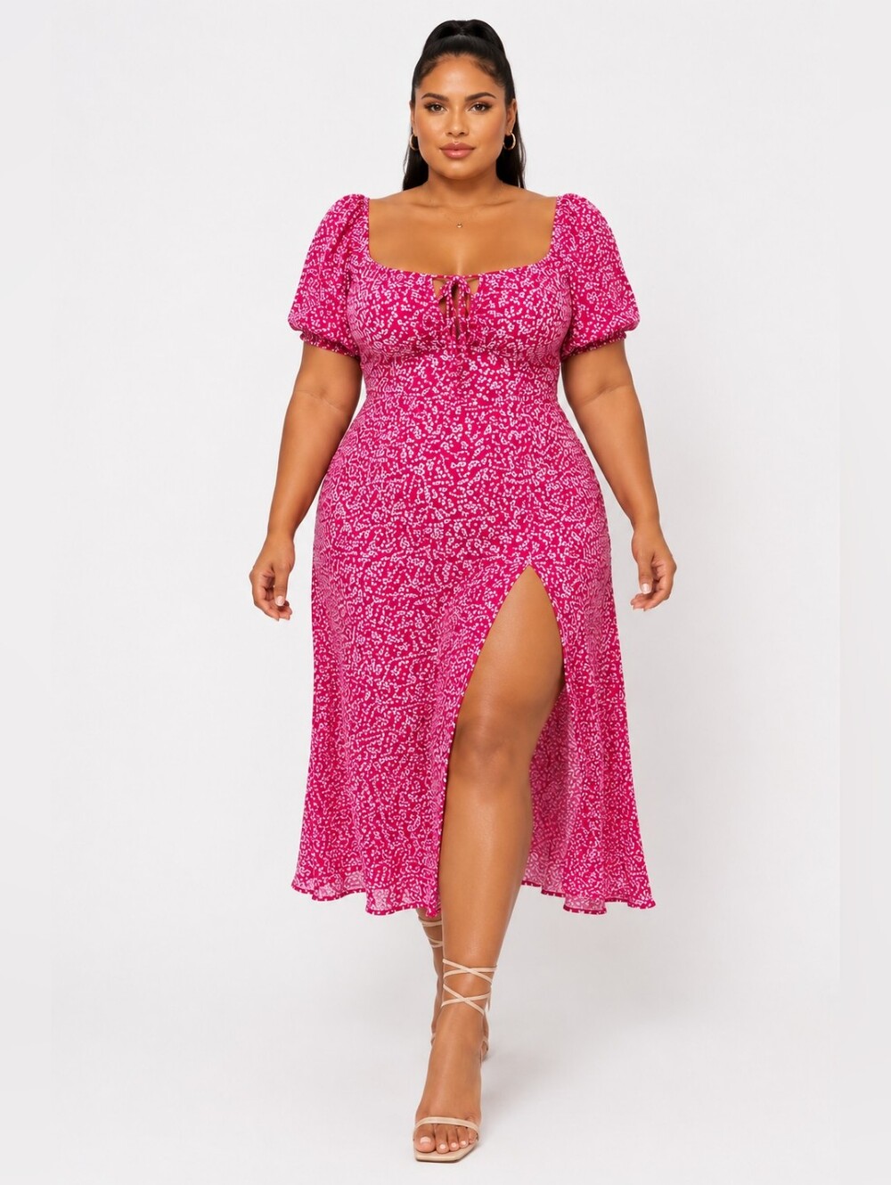 Finjani Plus Size Pink Floral Midi Dress Puff Sleeve Side Slit. Size 1XL